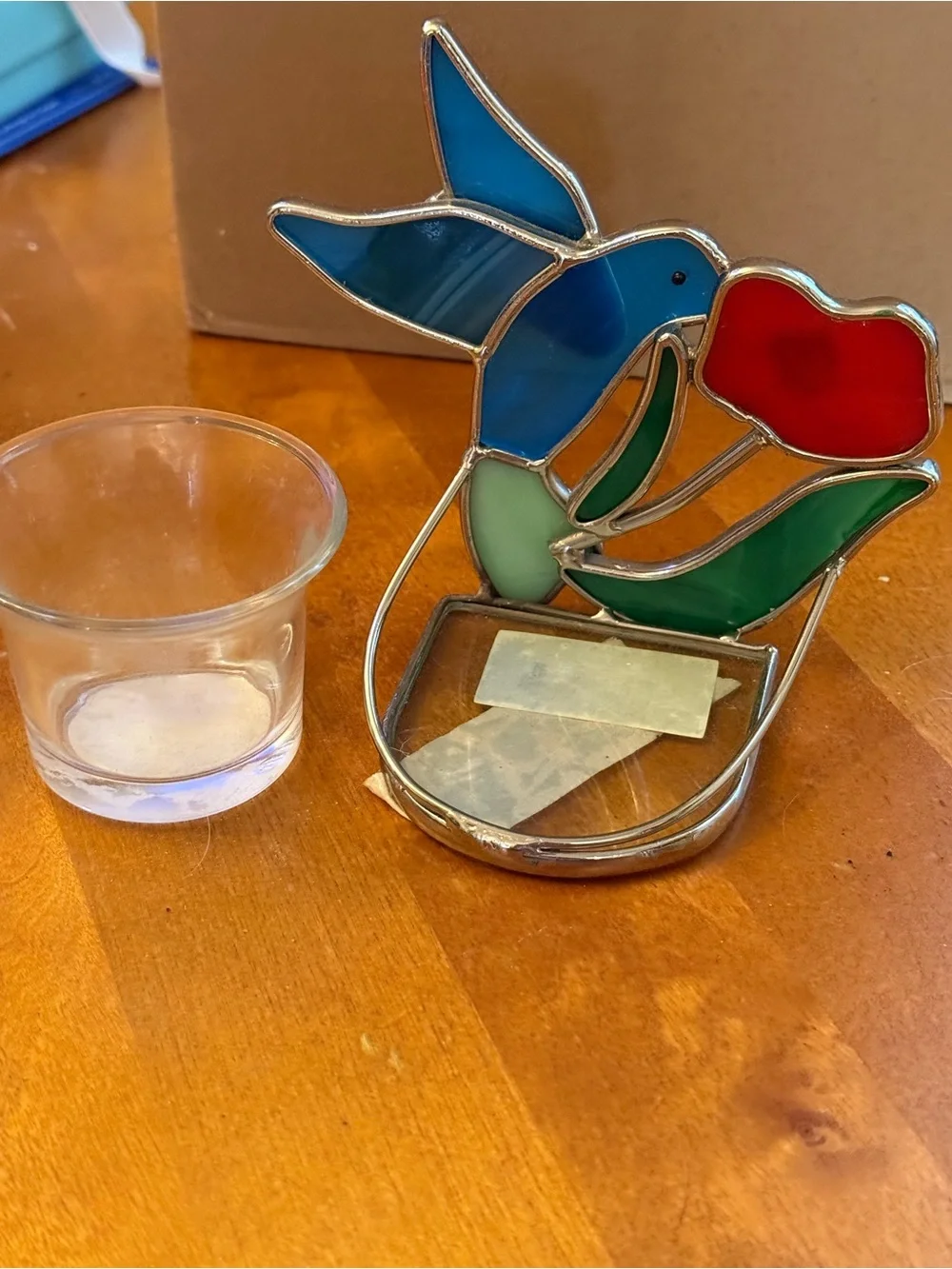 Stained Glass Hummingbird Tea Light Holder - Blue & Green with Red Flower